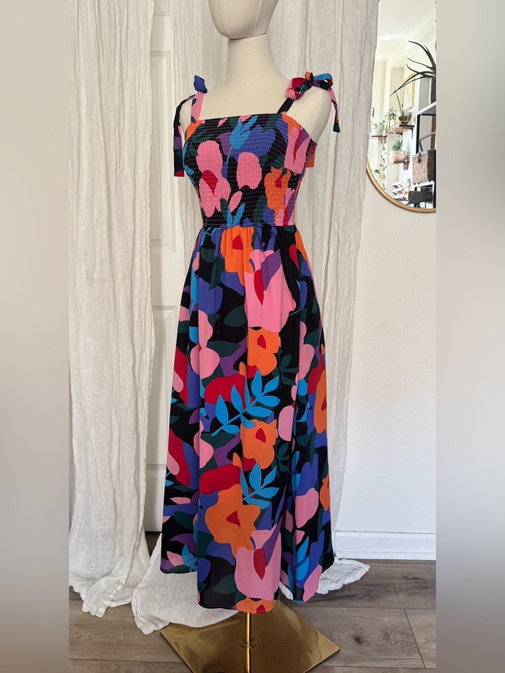 Smocked Tie-Shoulder Floral Maxi Dress in Black Multicolor